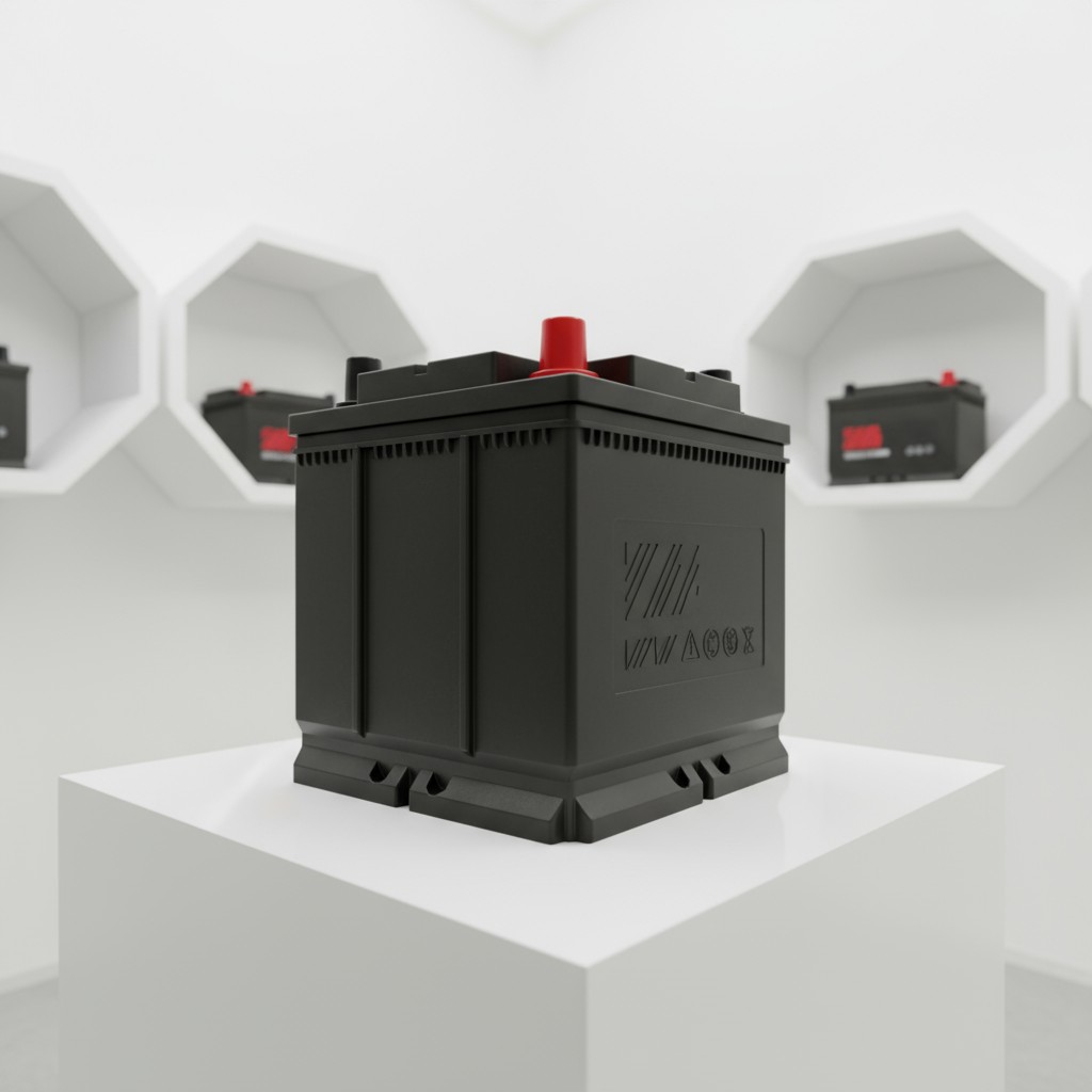 The image depicts a car battery on display, likely during an advertisement for the brand, with three more of the same batt...