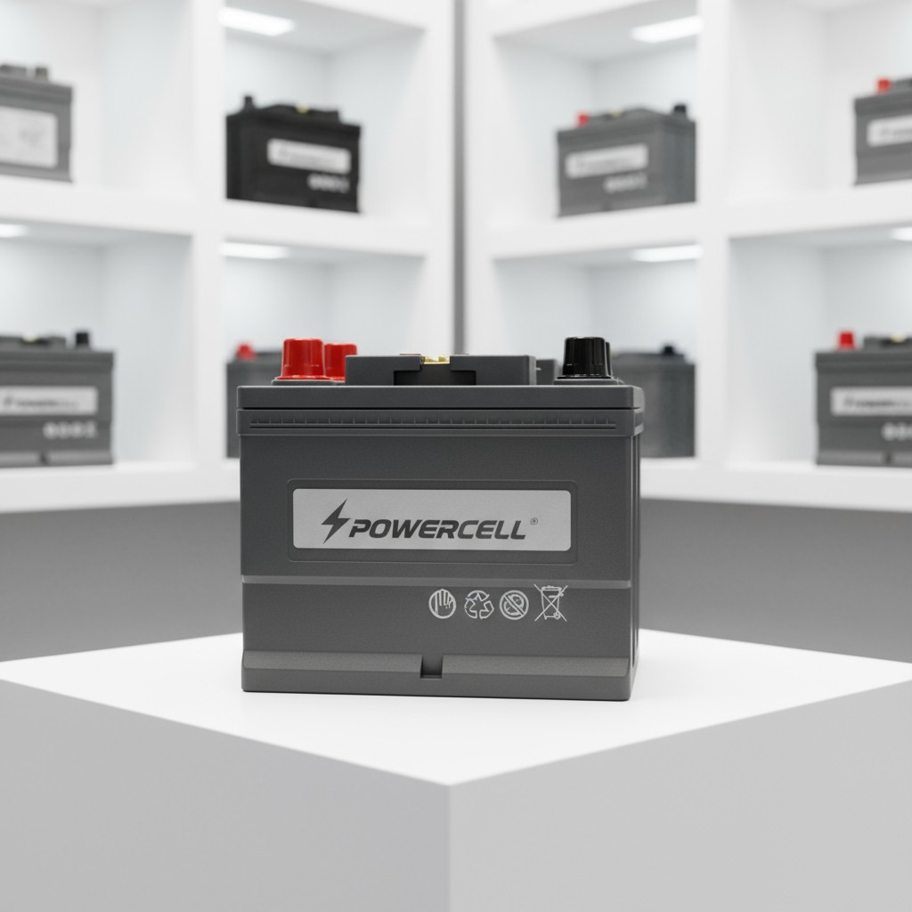 A gray Powercell battery on a white box in a white room with shelves of similar batteries.