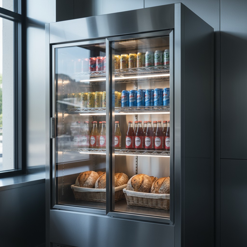 A commercial refrigerator stocked with an assortment of drinks and baked goods.