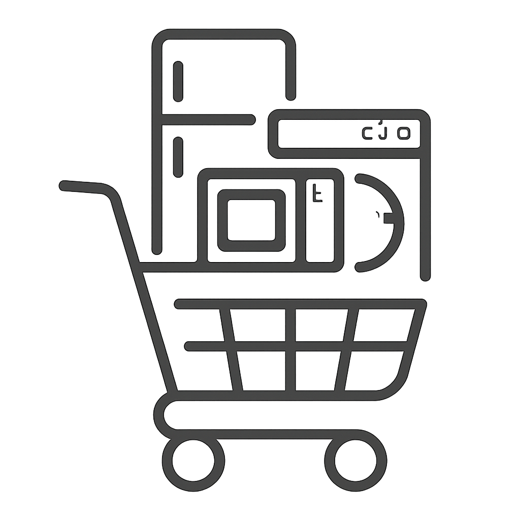 A shopping cart with microphones and speakers atop, likely stylizing an online or mobile shopping cart for music purchase ...